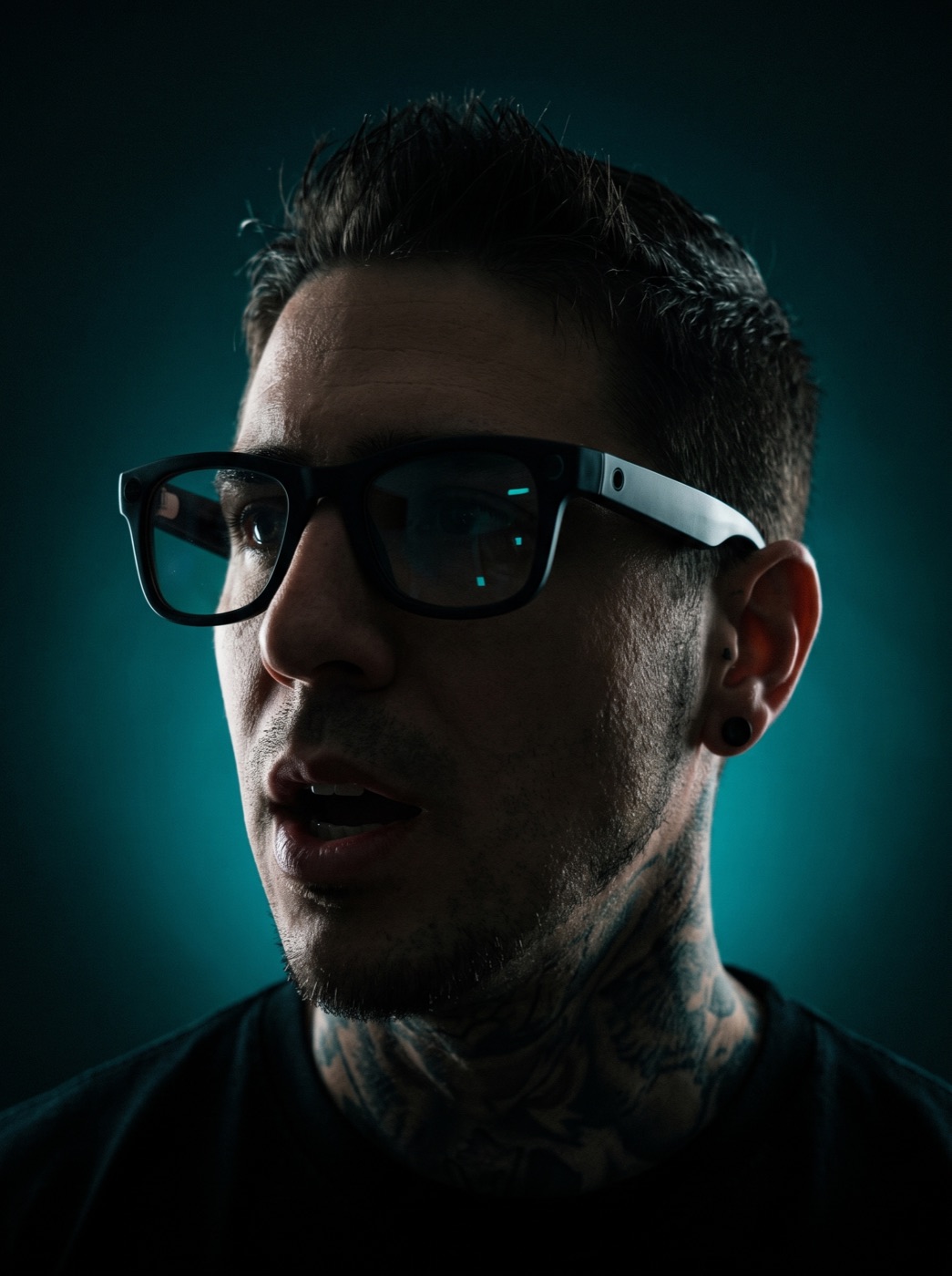 A man wearing Glimpse Glasses, mid sentence, asking a question