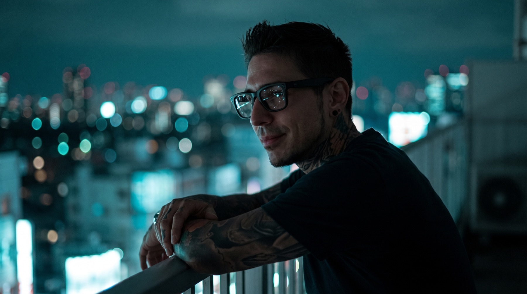 A man alone on a rooftop at night, wearing Glimpse Glasses