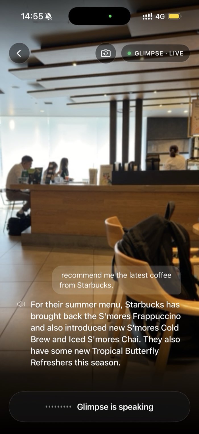 Glimpse recommending cafe drinks from the live camera view