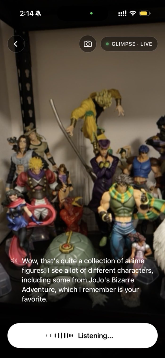 Glimpse recognizing an anime figure collection and recalling the user's favorite series